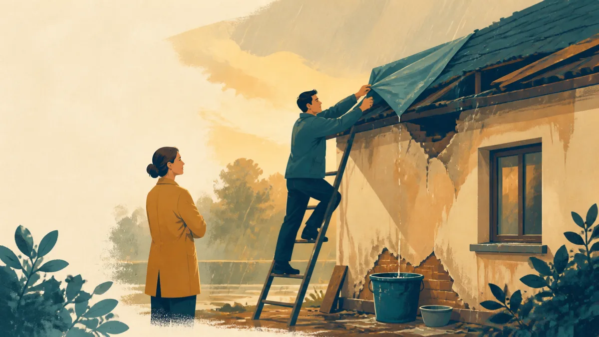 A person covers a damaged roof to keep rain from worsening an existing property loss