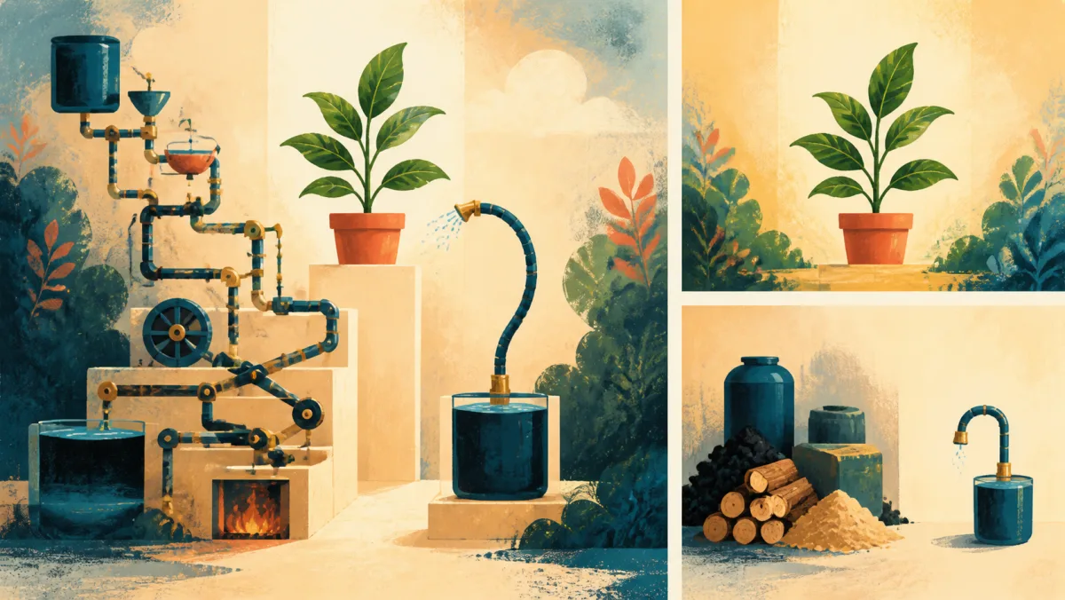 A resource-heavy mechanism and a compact mechanism both deliver water to the intended plant