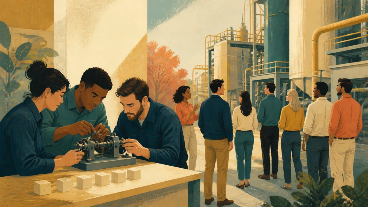 One team verifies a mechanism with plain samples while another reviews the wider real-world installation