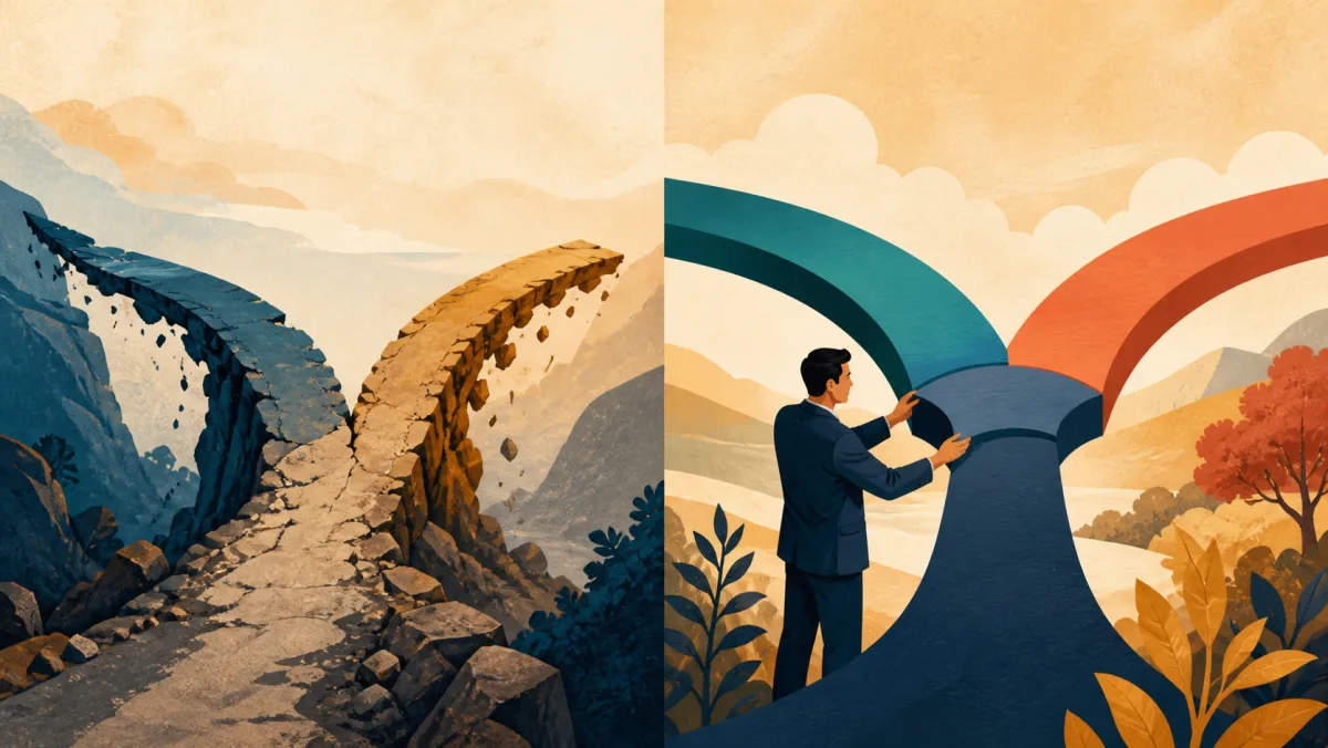 An accidental broken fork contrasts with a person deliberately constructing two polished routes