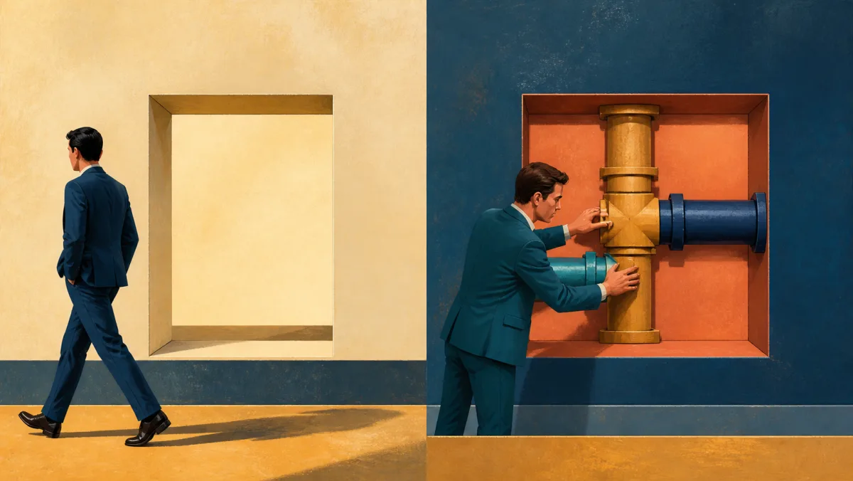 One person walks around an empty rectangular opening while another installs a branching pipe response