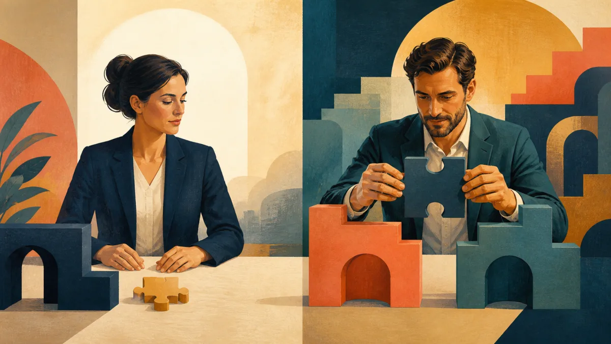 One person leaves a decision piece unplaced while another tries to fit one piece between two structures