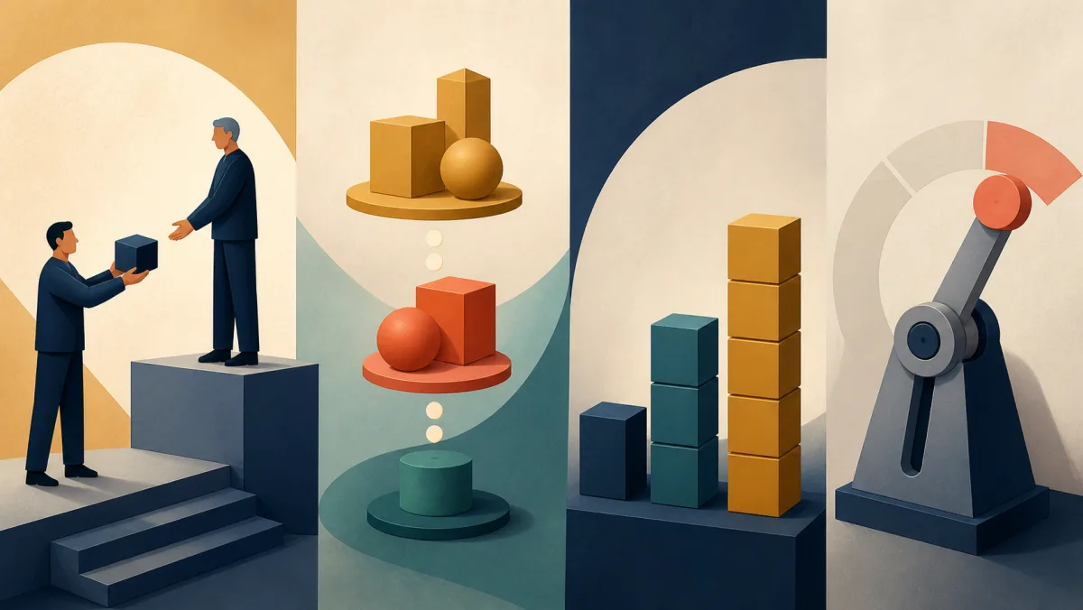An issue block is passed upward while abstract objects rise through levels, resources stack, and a mechanism adjusts
