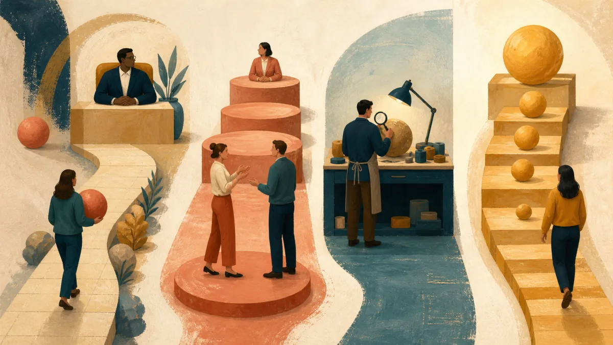 Four physical routes show a recipient, a formal stage, a review purpose, and degrees of change