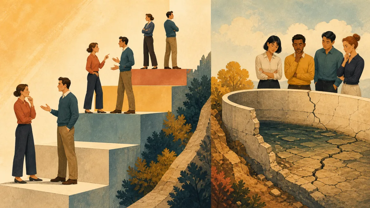 A calm workplace disagreement rises through levels beside a team inspecting a worsened cracked reservoir