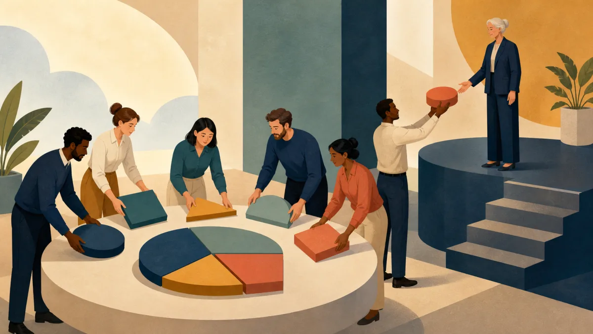 A group contributes pieces to a shared circle while one decision piece is handed upward to a leader