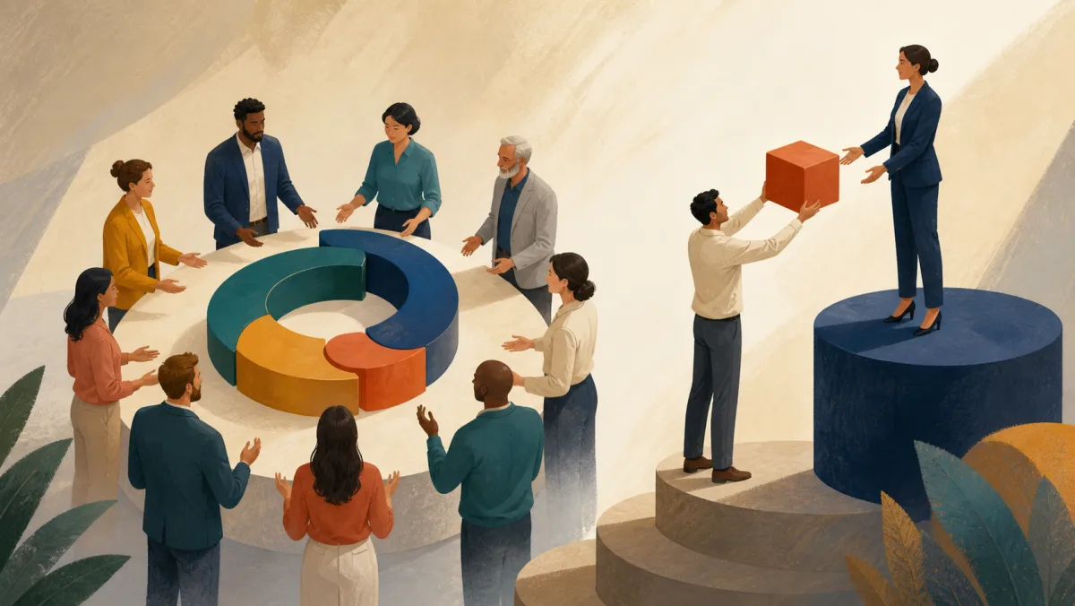 Professionals gather around a collaborative ring while one person transfers a decision block to a leader