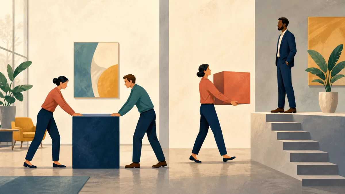 Two peers resist across one block while another professional carries a decision toward a higher leader