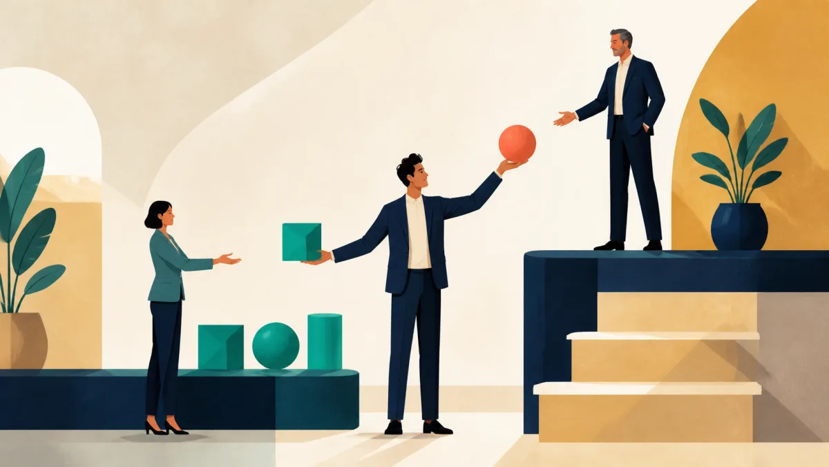 A professional passes one shape sideways to a specialist and another shape upward to a leader