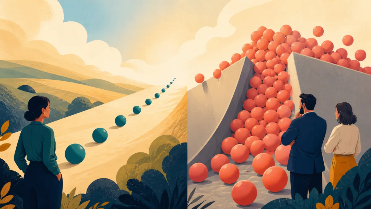 Teal spheres rise calmly along an open slope while coral spheres overflow a constrained channel