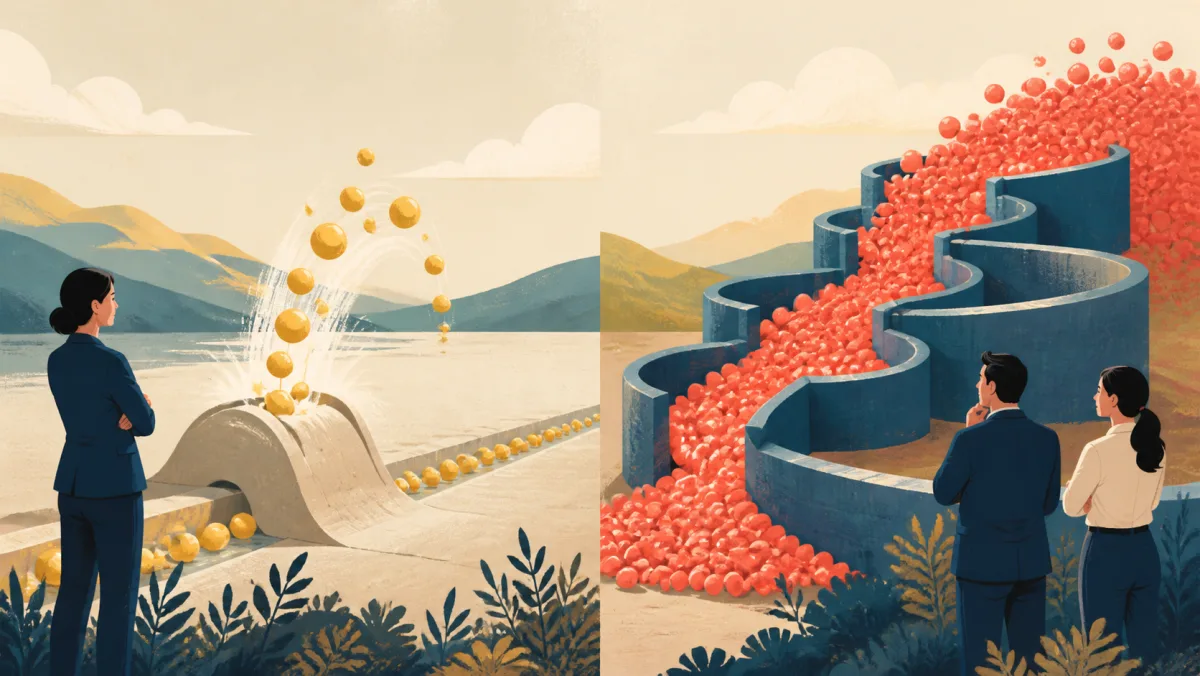 A brief burst of gold spheres settles quickly while a continuous coral stream overwhelms successive levels