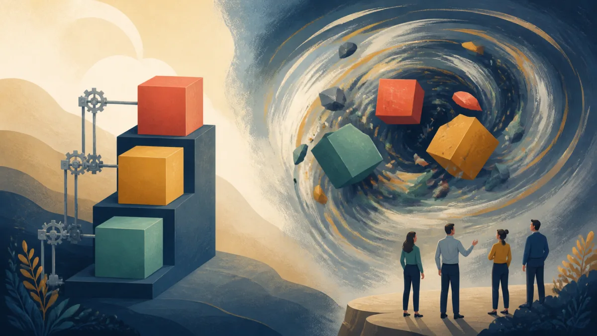 Traceable blocks climb controlled steps beside similar shapes spinning loose in a widening vortex