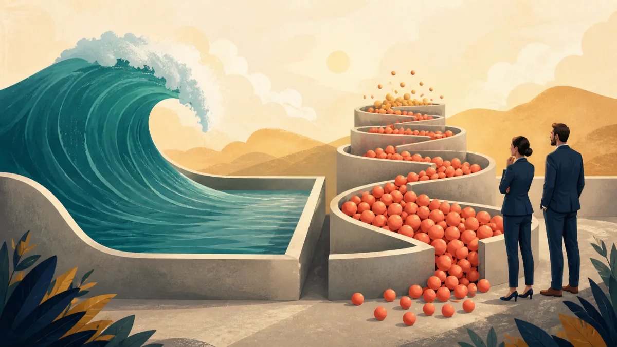 A single teal wave rises and settles while coral spheres steadily overflow successive containment terraces