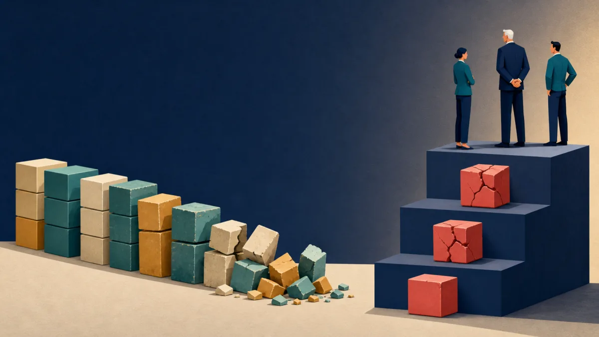 Mixed blocks gradually crumble on one level while a coral cube fractures across three severity stages