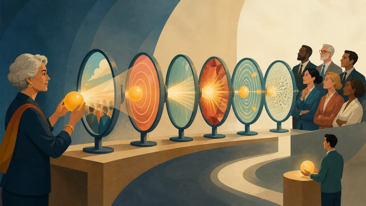 A leader guides one glowing message sphere through six physical lenses toward an executive audience