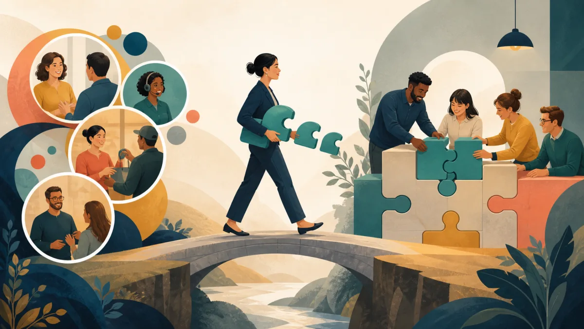 A professional carries transferable connector pieces from customer work across a bridge into a new team structure