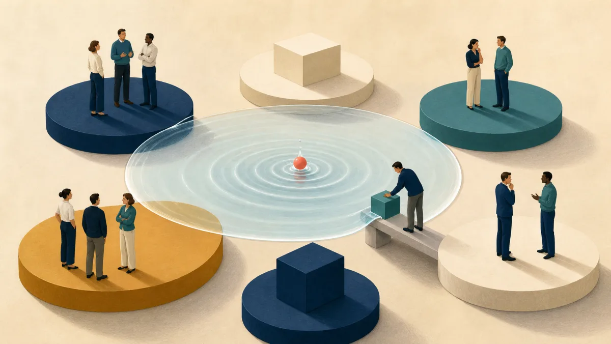 A bounded ripple reaches selected workplace platforms while a professional stabilizes the affected bridge