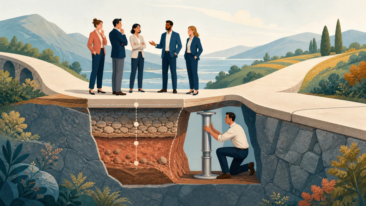 Leaders examine a cutaway beneath two paths while a professional supports one limited unstable section