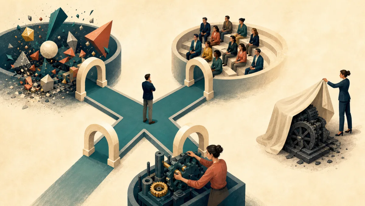 Three identical corridors connect a professional to risk, an audience, and learning while a separate mechanism is uncovered