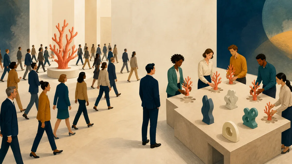 Many professionals pass a coral sculpture while a smaller group actively matches the same form among alternatives