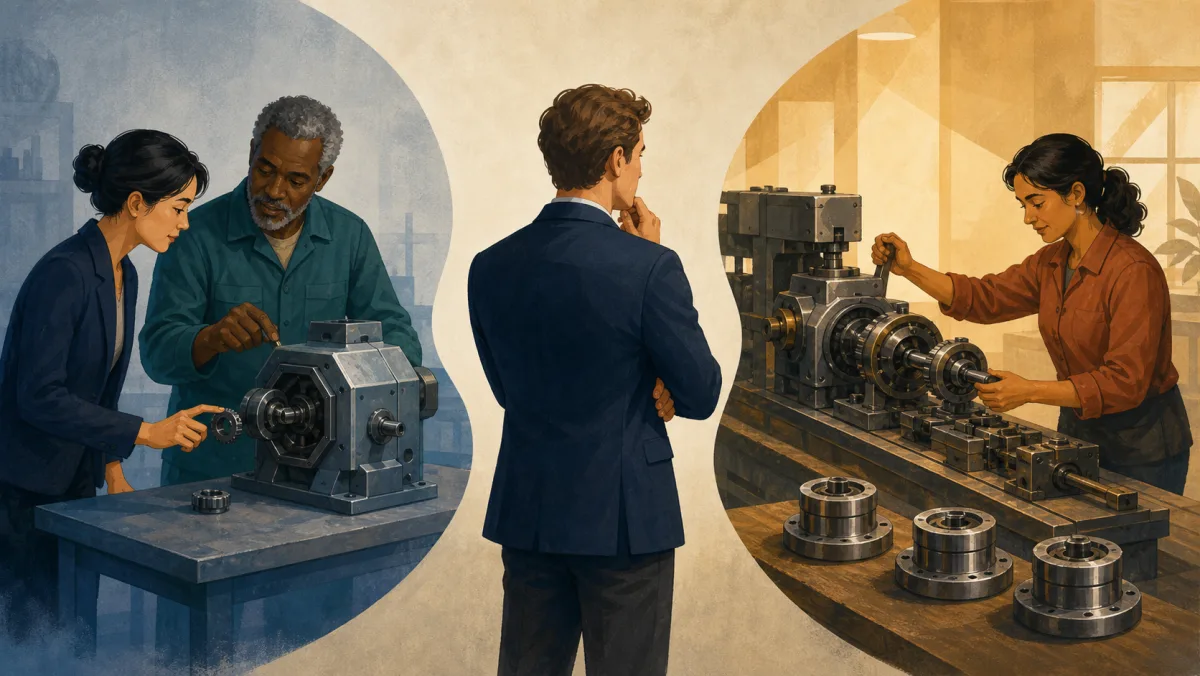 A learner briefly handles one machine component while another professional independently operates a complete mechanism