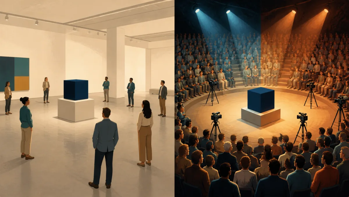 A cube receives quiet neutral viewing in a gallery and intense public attention in a crowded camera-filled amphitheater