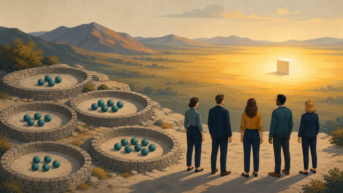 Countable groups of teal spheres fill bounded terraces while a cream cube remains visible across a broad illuminated landscape