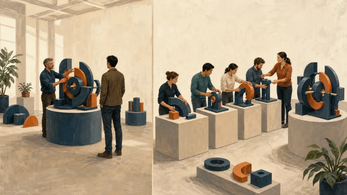 One professional briefly observes a mechanism while learners follow a structured sequence of physical practice stations