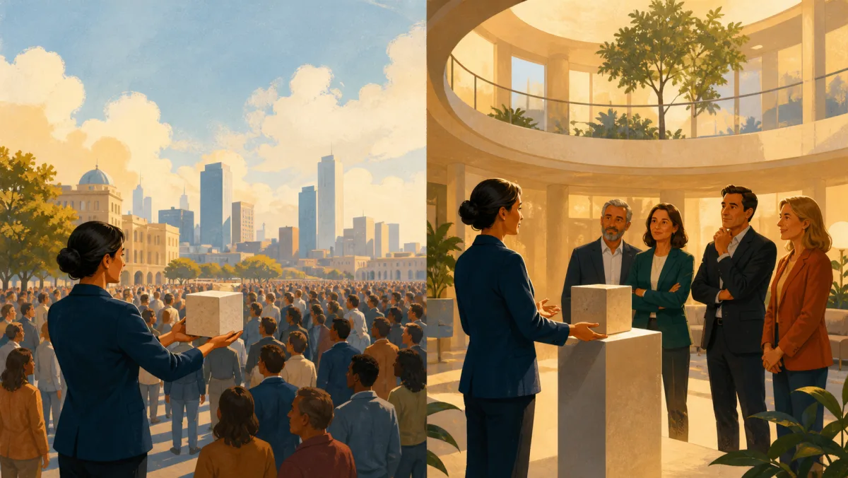 A professional presents a project object to a broad public audience and to a small internal leadership group