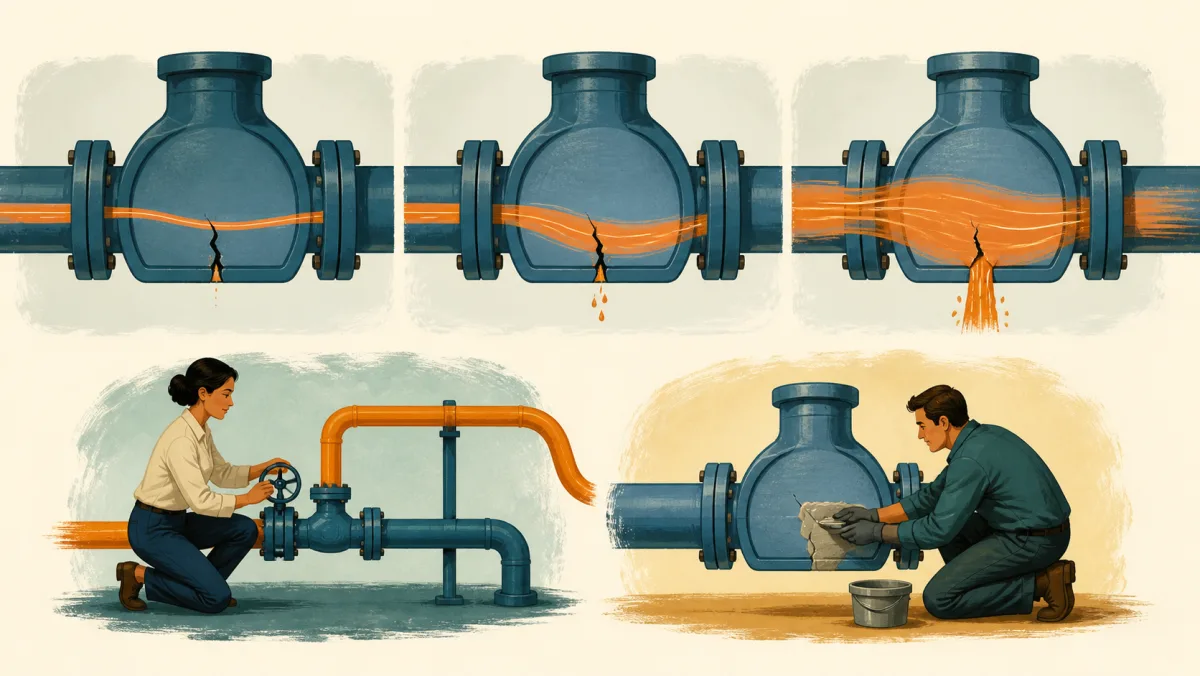 The same cracked pipe carries increasing flow while professionals separately reroute contact and repair the weakness