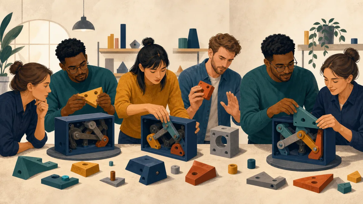 A team tests and fits geometric components until an unfamiliar mechanism begins operating