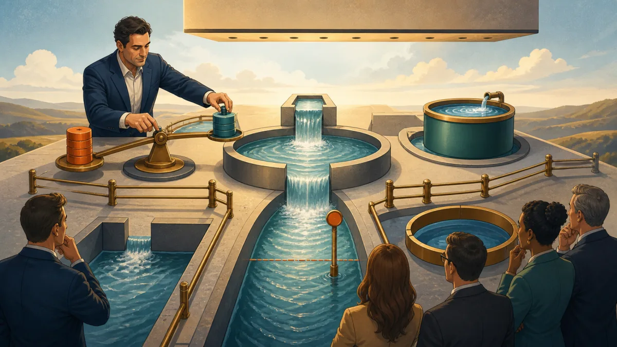 An advisor adjusts several physical finance controls around a shared resource flow before a leadership group