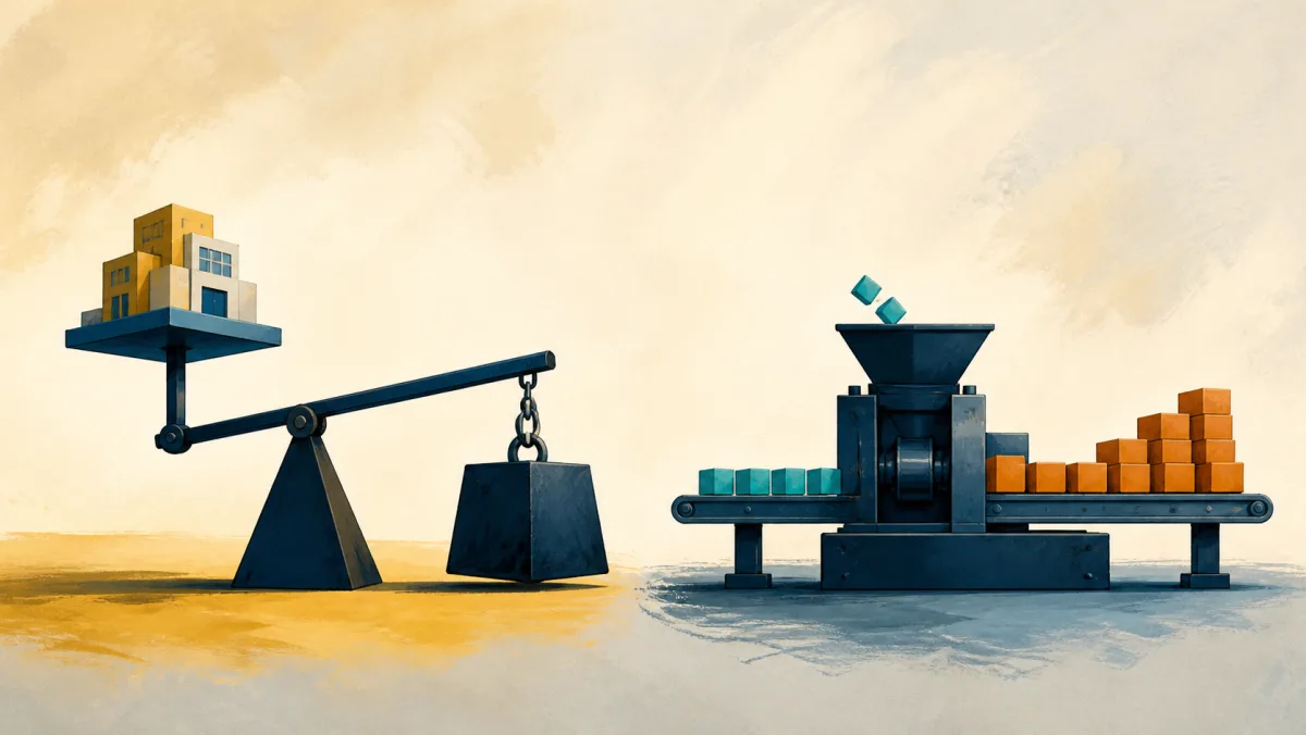A counterweight lifts a company platform while a fixed machine turns a few inputs into many outputs