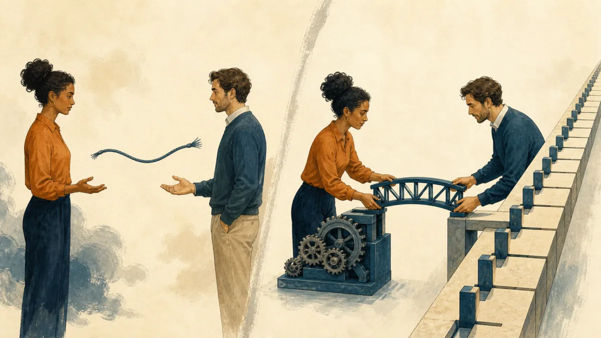 Two professionals replace an unanchored connection with a bridge tied to a project mechanism and a precise rail position