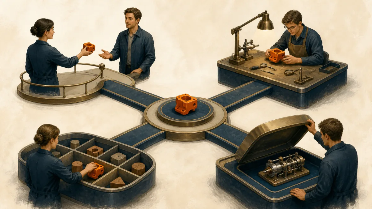 One orange component connects to a recipient, an inspection bench, a sorting bay, and a complete covered mechanism