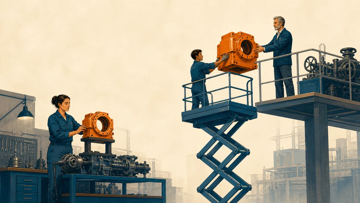One professional keeps a component visible while another transfers a larger component to a senior decision-maker above