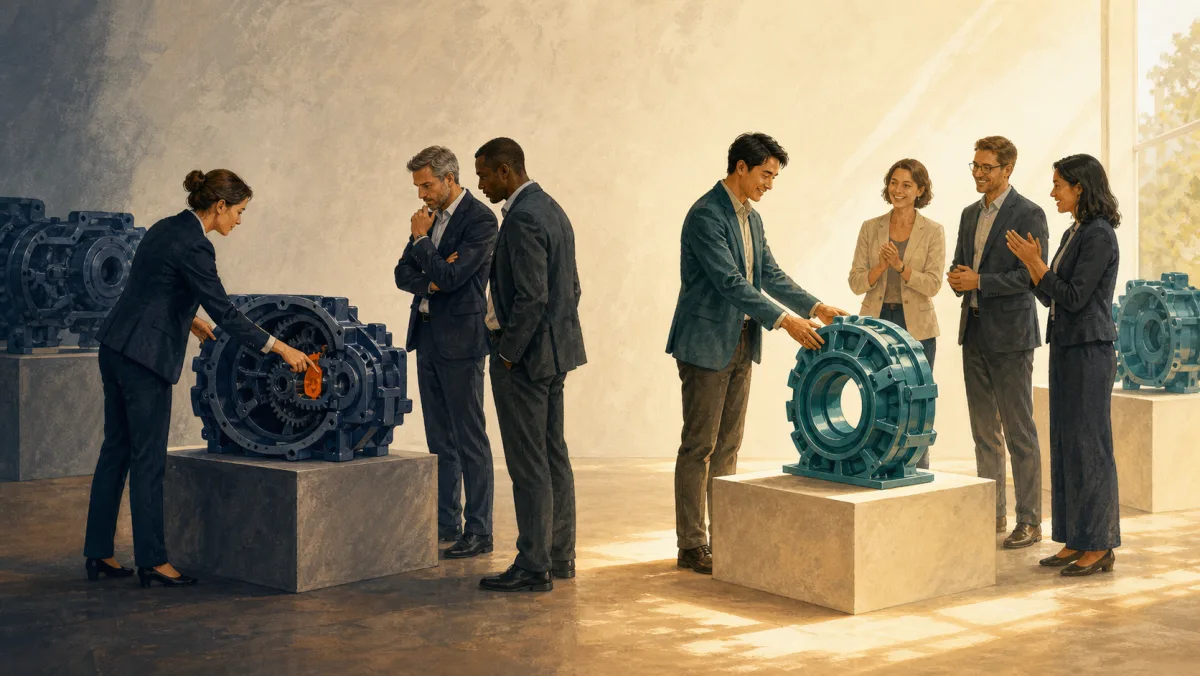 Professionals inspect an orange flaw in a dark mechanism and applaud a completed teal mechanism in warm light