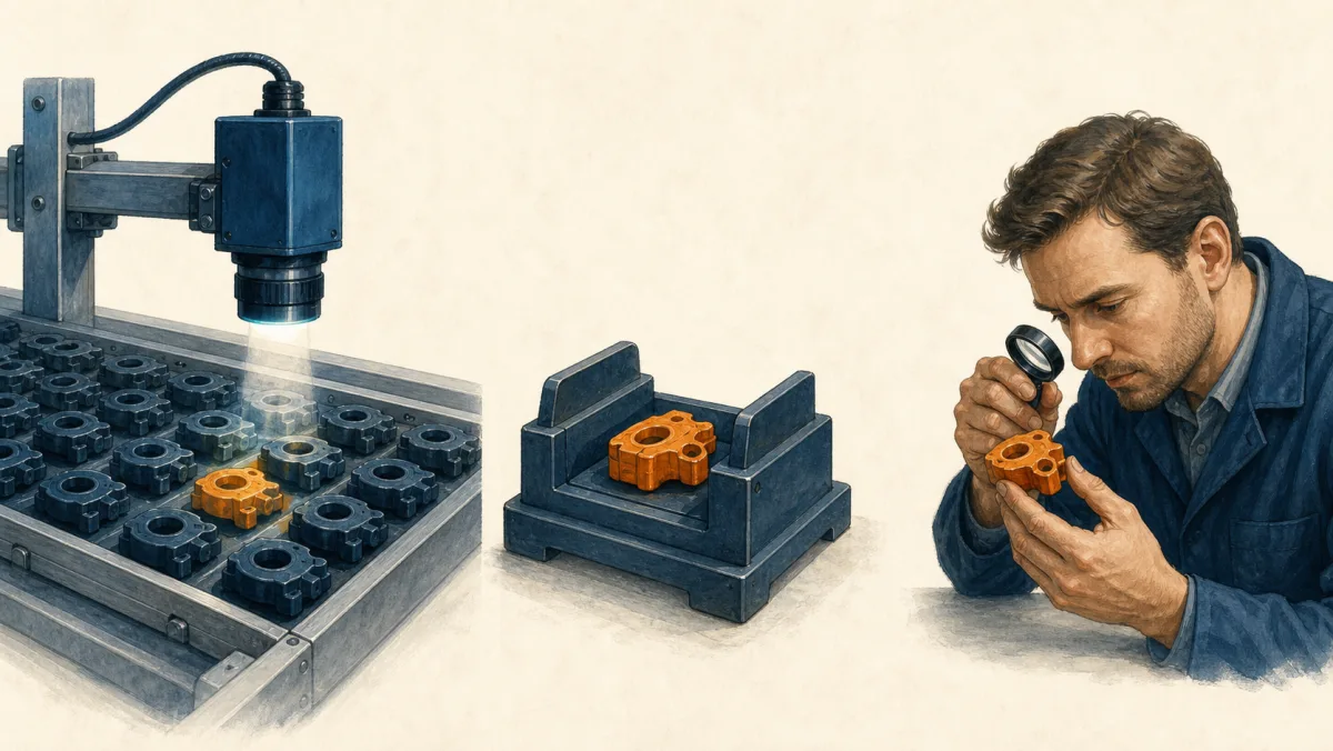 A sensor finds an orange gear, a cradle holds it for review, and a specialist examines it closely