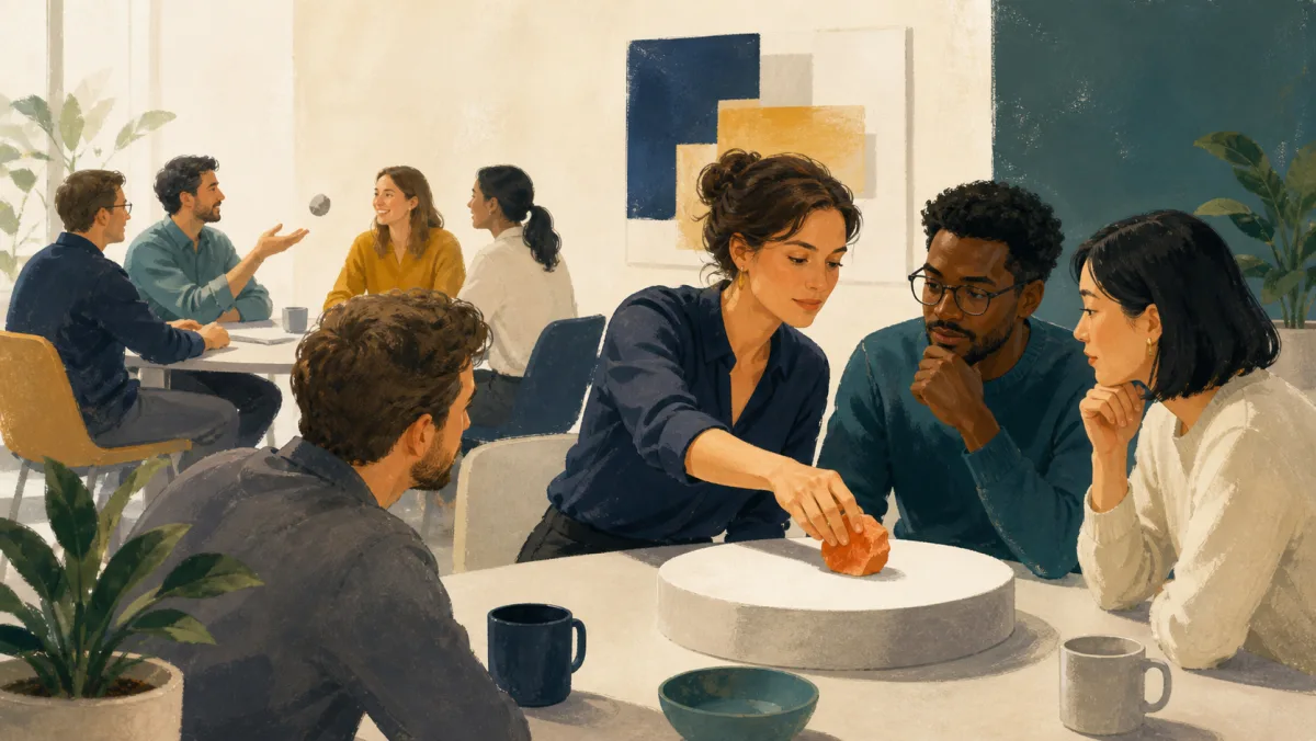 A casual conversation continues behind colleagues deliberately examining an orange component on a shared pedestal