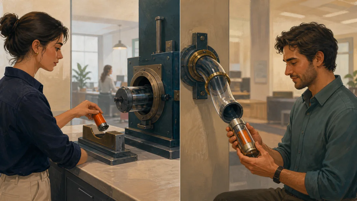 One professional marks an orange capsule for attention while another receives a capsule through a delivery tube