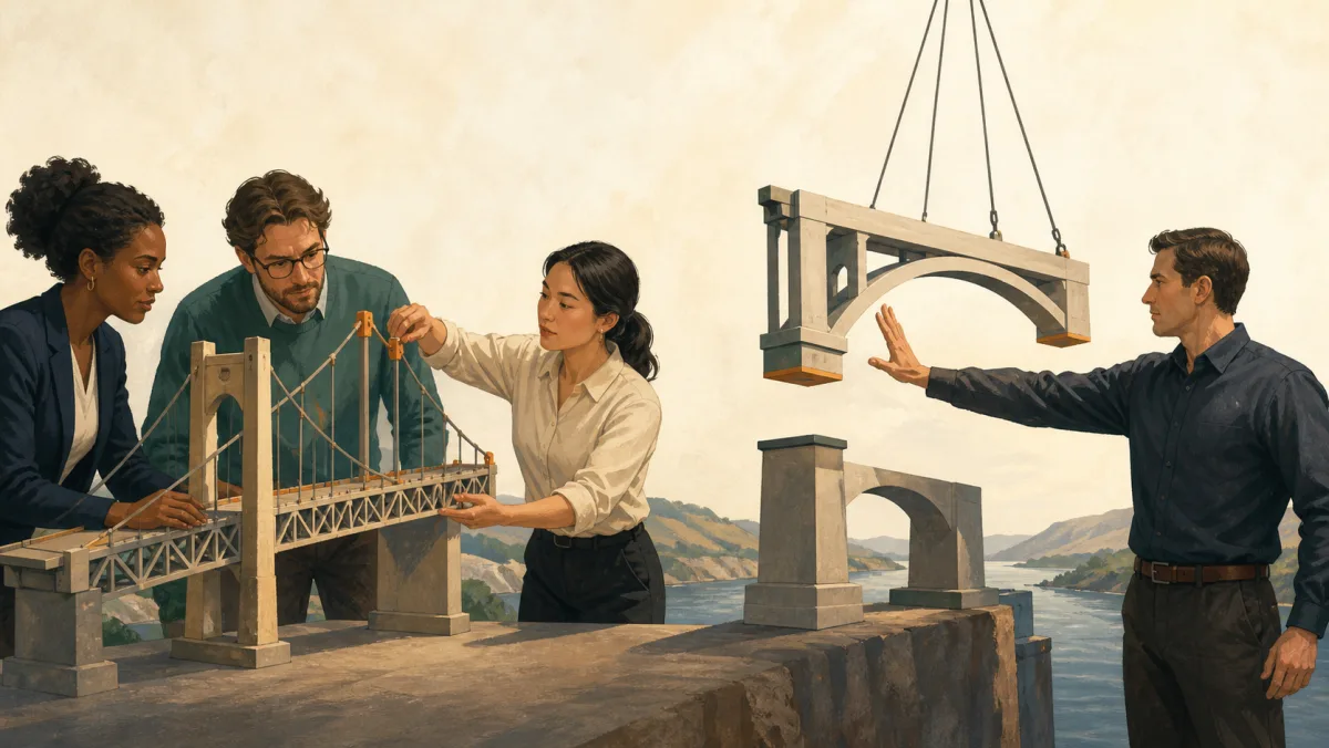 A team supports a bridge while checking one joint as another professional prevents a separate section from being installed