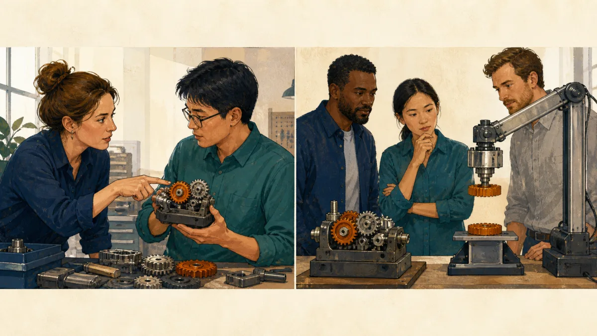 A colleague directly indicates a gear while a mechanical review arm lifts another gear for a team's inspection