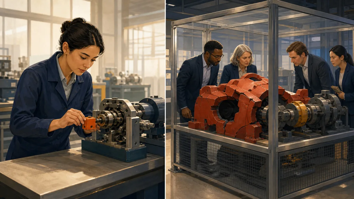 A professional checks a small routine fault while an audit team inspects a large fractured component inside an enclosure