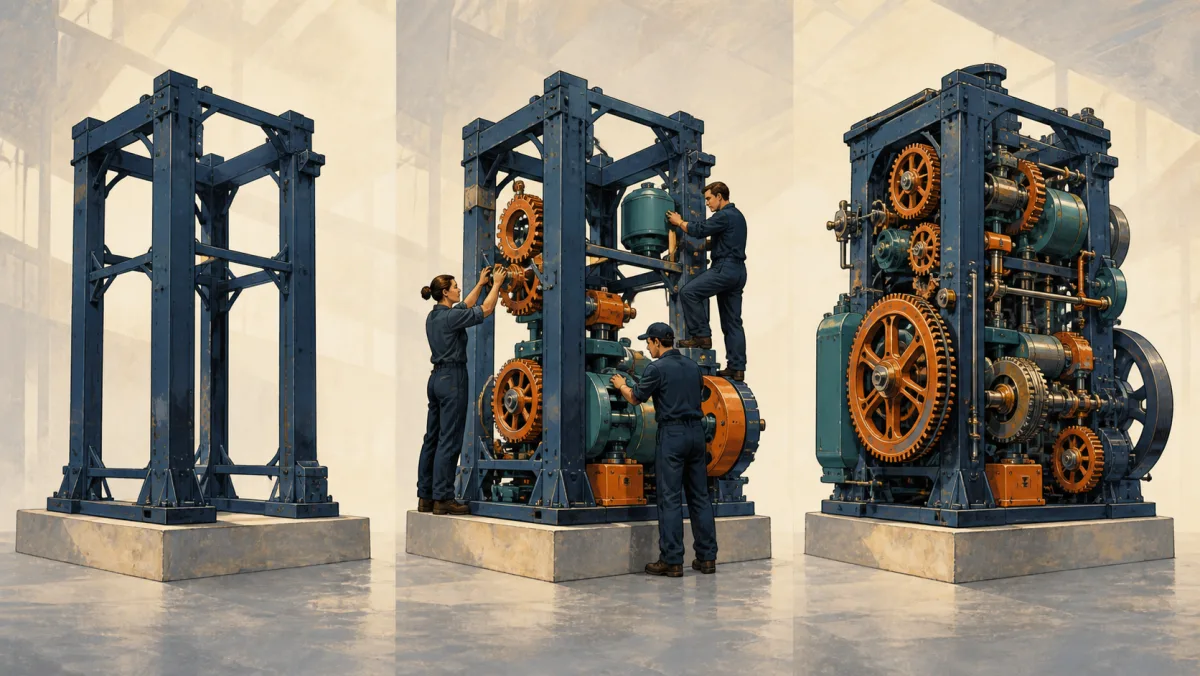 A bare machine frame gains functional gears, reservoirs, and connections until it becomes a complete mechanism