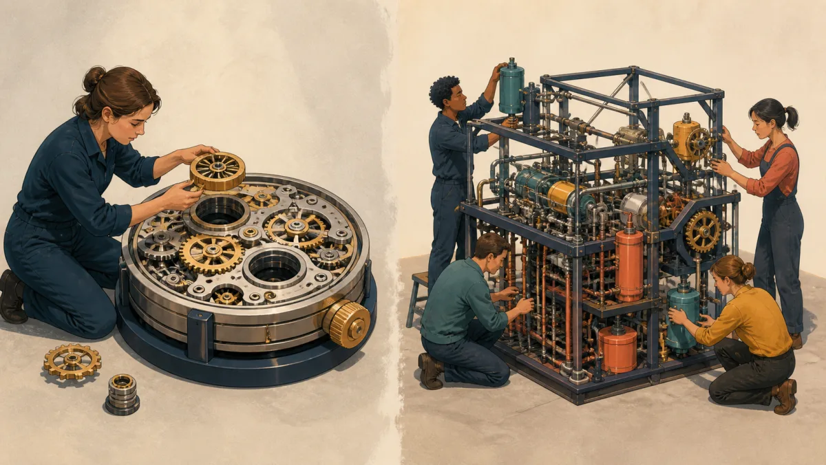 A professional fills two exact sockets while a team adds varied functional parts throughout a sparse framework