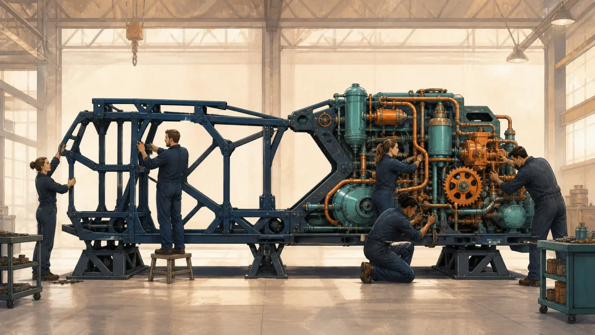 Professionals assemble the bare frame of one project before a team adds its working machinery