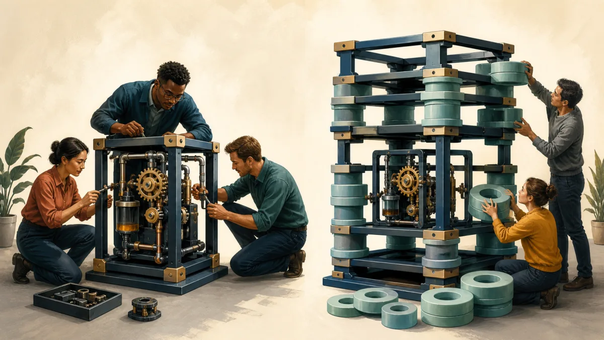 One team builds a compact working mechanism while another surrounds an unchanged core with repeated hollow rings