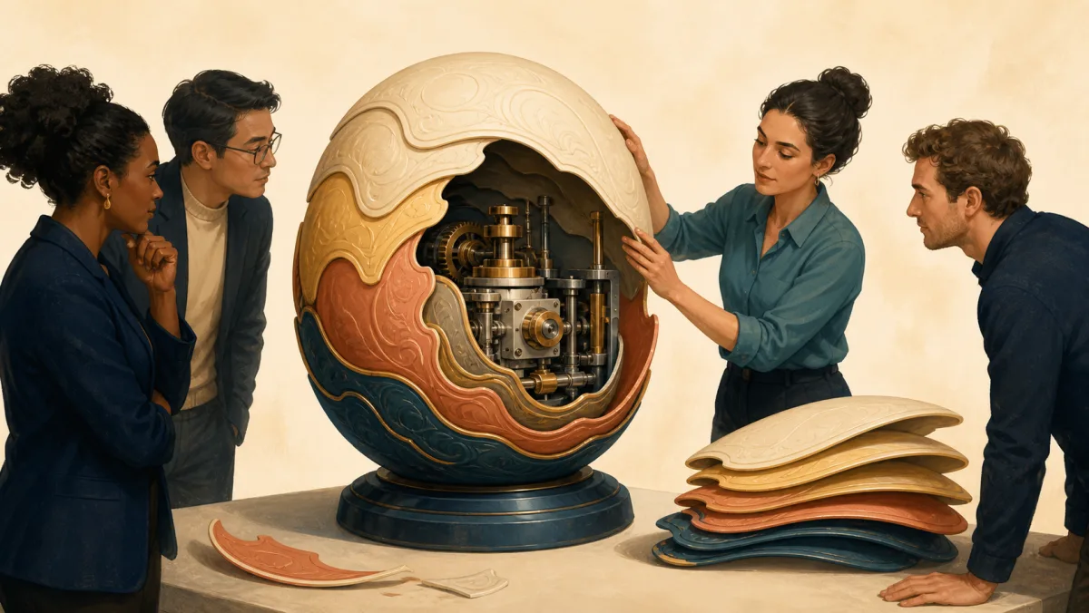 Professionals remove ornate empty shells from an oversized casing to reveal a compact working mechanism