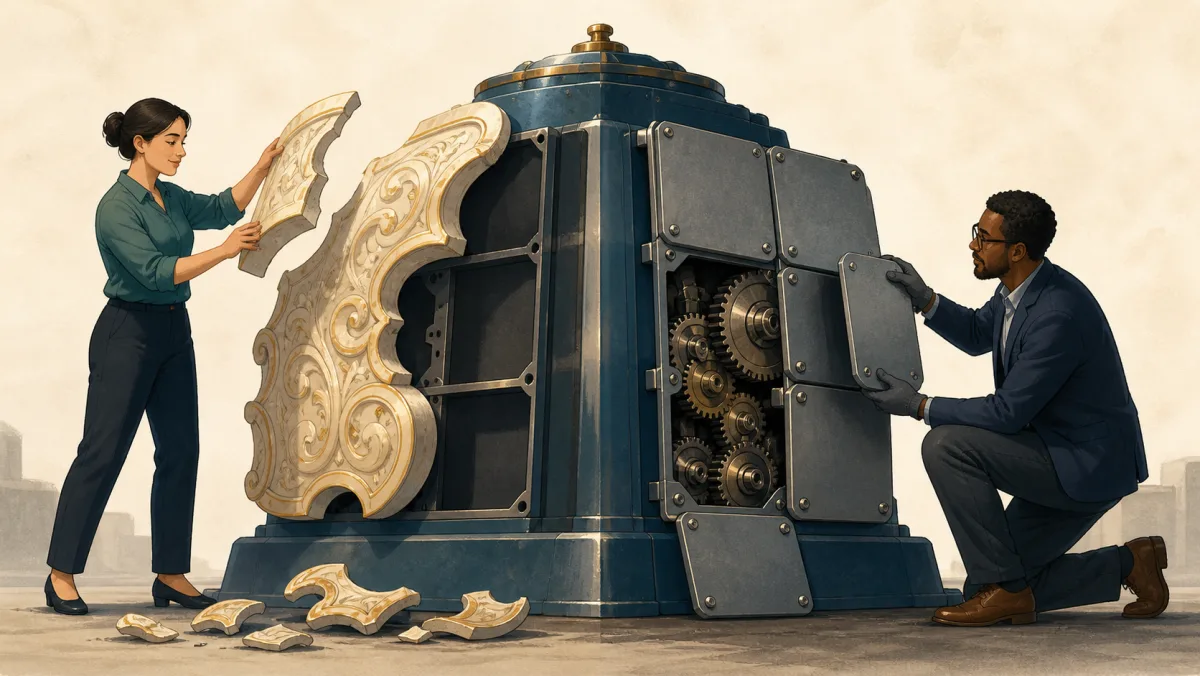 One professional removes ornamental panels while another retains standardized plates that shield exposed gears