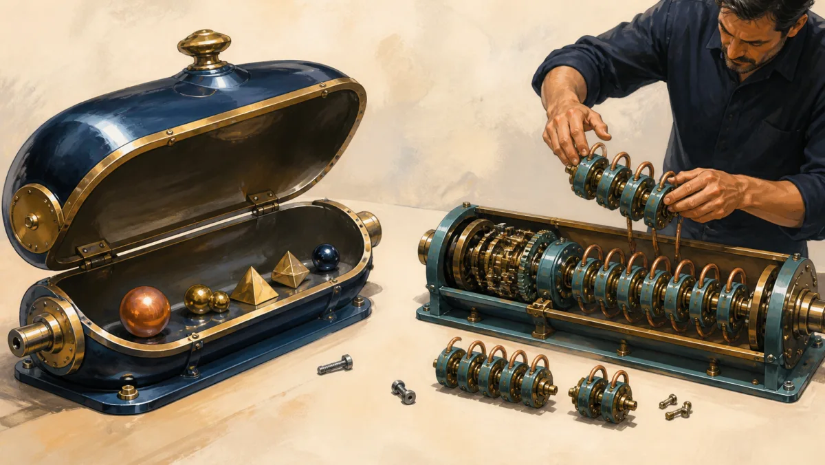 An ornate empty casing sits beside a working mechanism stretched by many repeated couplings